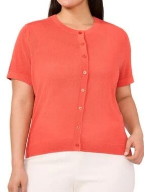 Halogen Coral Cropped Cardigan Short Sleeves Linen Lyocell Blend Size Large